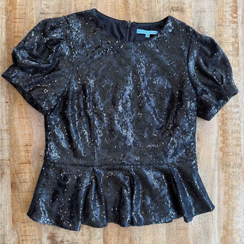 Antonio Melani Black Sequin Peplum Top Puff Sleeve Party Holiday Size 12